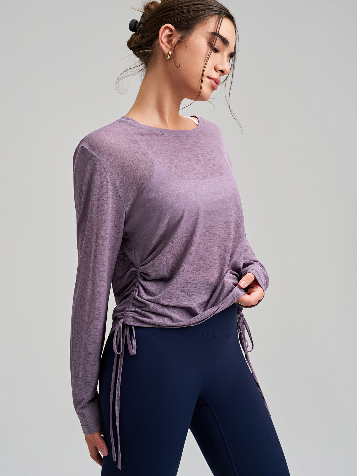 New Outerwear Crew Neck Yoga Cover-up Long-Sleeve Hip-Covering Side Drawstring T-Shirt, Loose Breathable Workout Running Yoga Top – Premium 4 | RICALOUX