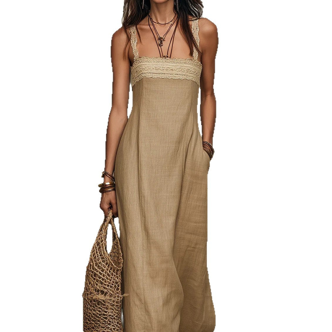 Loose-fit Womens Strap Straight Maxi Dress by Ricaloux