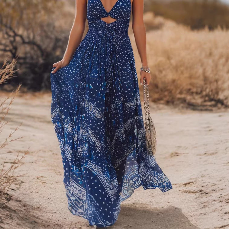 Bohemian-style Flowing Deep-blue Chiffon Maxi Dress With A V-neck And Floral Print by Ricaloux