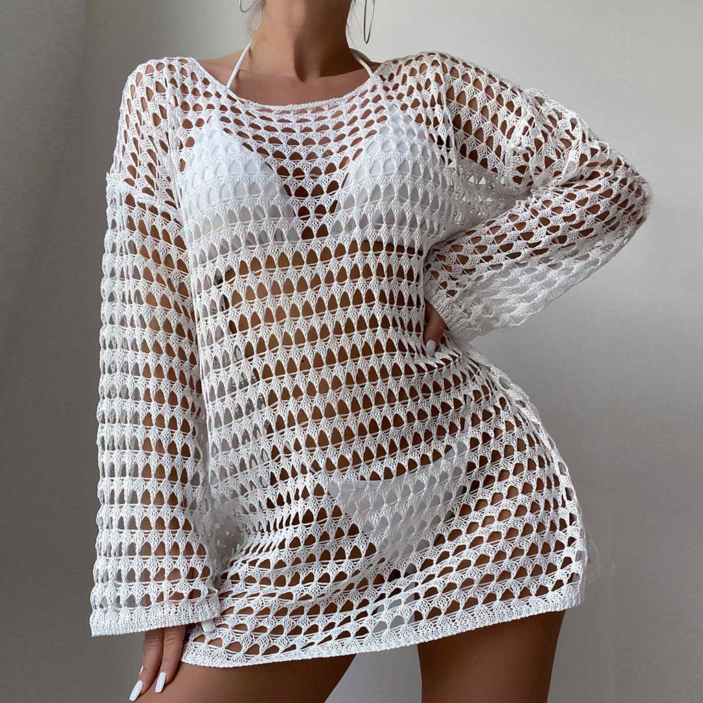 New Summer Women Knit Hollow Out Beach Dress, Crew Neck Long Sleeve Pullover Bikini Cover Up For Europe & America by Ricaloux