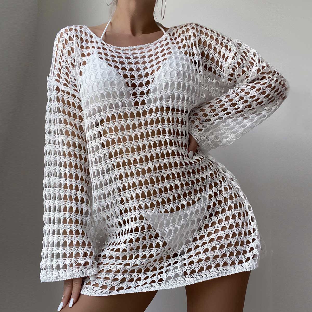 New Summer Women Knit Hollow Out Beach Dress, Crew Neck Long Sleeve Pullover Bikini Cover Up For Europe & America by Ricaloux