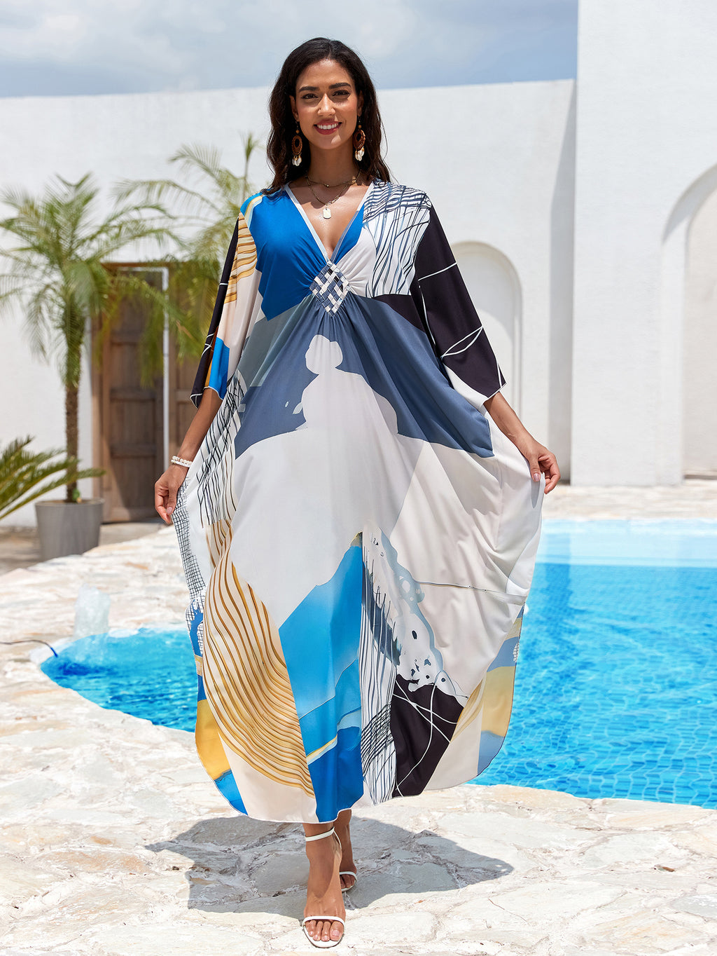 Printed Beach Cover-up Hand-knitted V-neck Plus-size Dress by Ricaloux