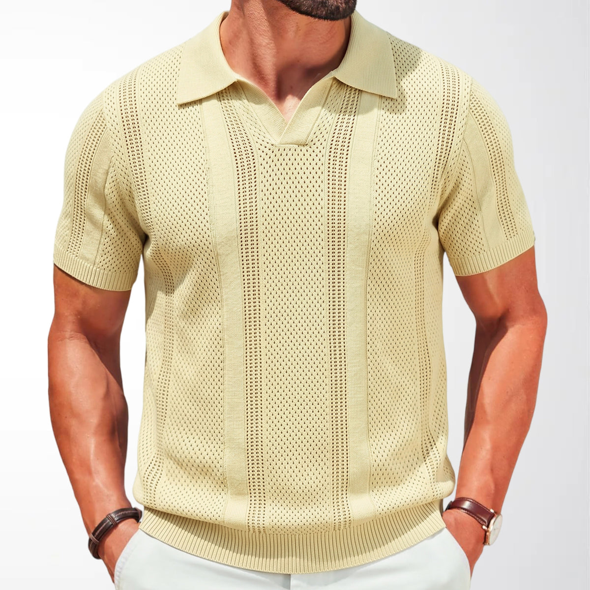 Mens Hollow-Out Knitted Polo Shirt by Ricaloux