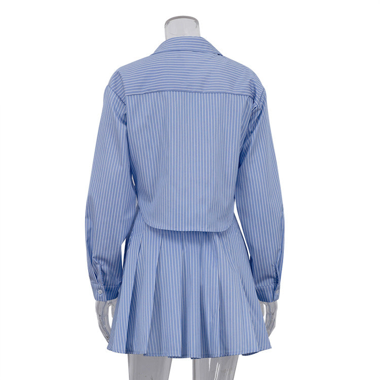 Fashionable Striped Collared Long-sleeved Shirt And Skirt Set by Ricaloux