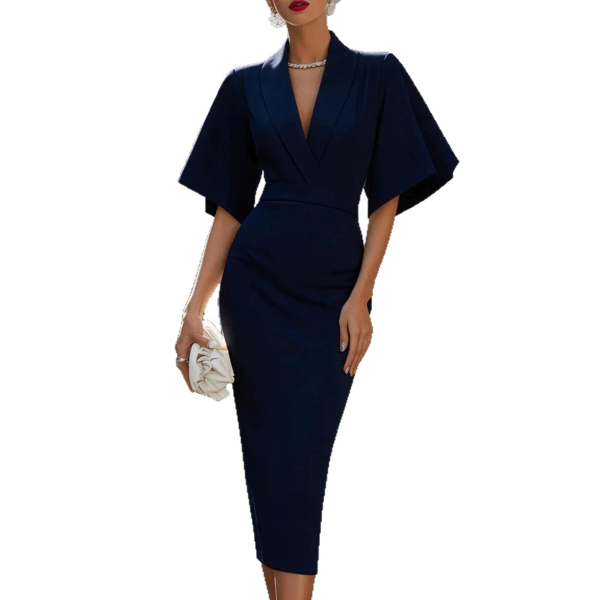 Womens V-neck, Flared-sleeve Sheath Midi Evening Dress – Premium 0 | RICALOUX