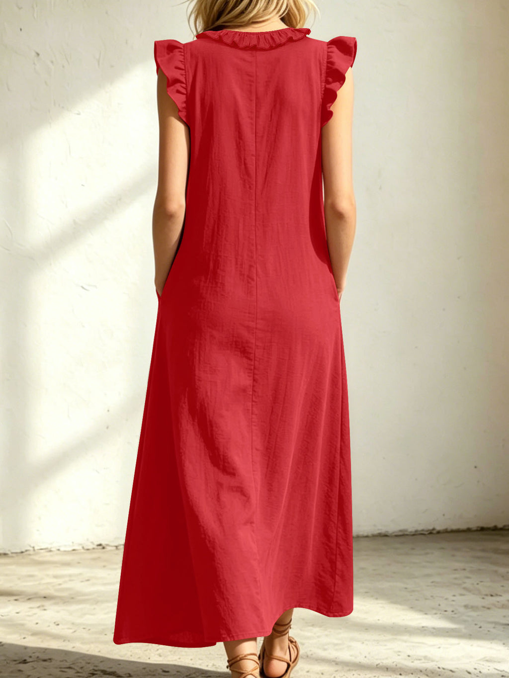 Women's Ruffled V-Neck Cap Sleeve Loose Maxi Dress With Pockets - Casual Boho Beach Long Dress For Summer – Premium 4 | RICALOUX