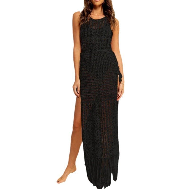 Women's Hollow-out Solid Color Round Neck Sleeveless Tassel Bikini Blouse Dress - RICALOUX