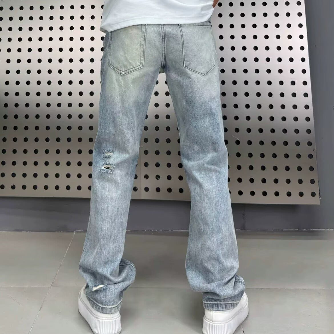 Fumei Personalized Perforated Design Denim Casual Versatile High Street Straight Leg Pants – Premium 0 | RICALOUX