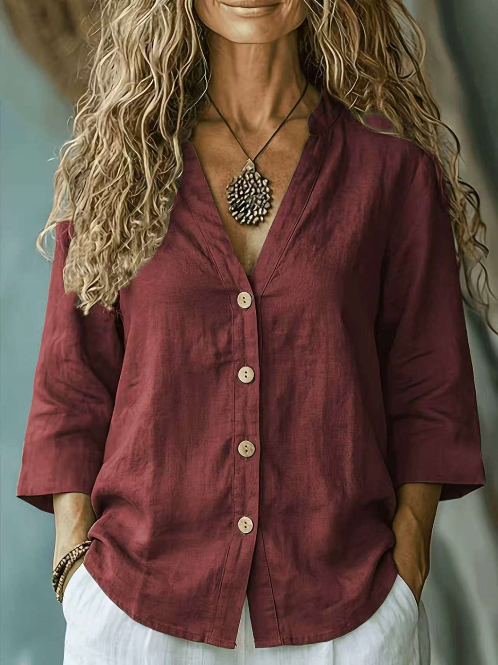 Casual Loose-fit V-neck Button-up Womens Linen Shirt – Premium 0 | RICALOUX