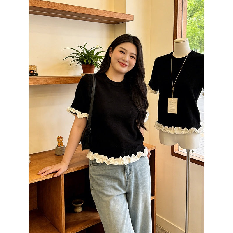 Elegant Wood Ear Trimmed Color-block Short-sleeve T-shirt by Ricaloux