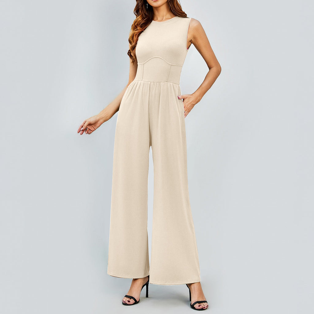 Womens Round-neck Solid-color Sleeveless Slim-fit Long Casual Jumpsuit by Ricaloux