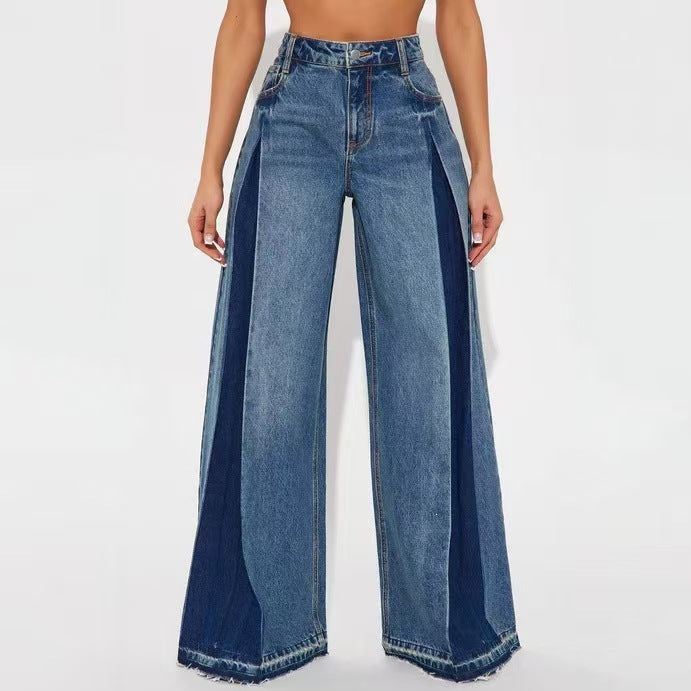 Womens Contrasting-Color Loose-Fit Stretch Wide-Leg Jeans by Ricaloux
