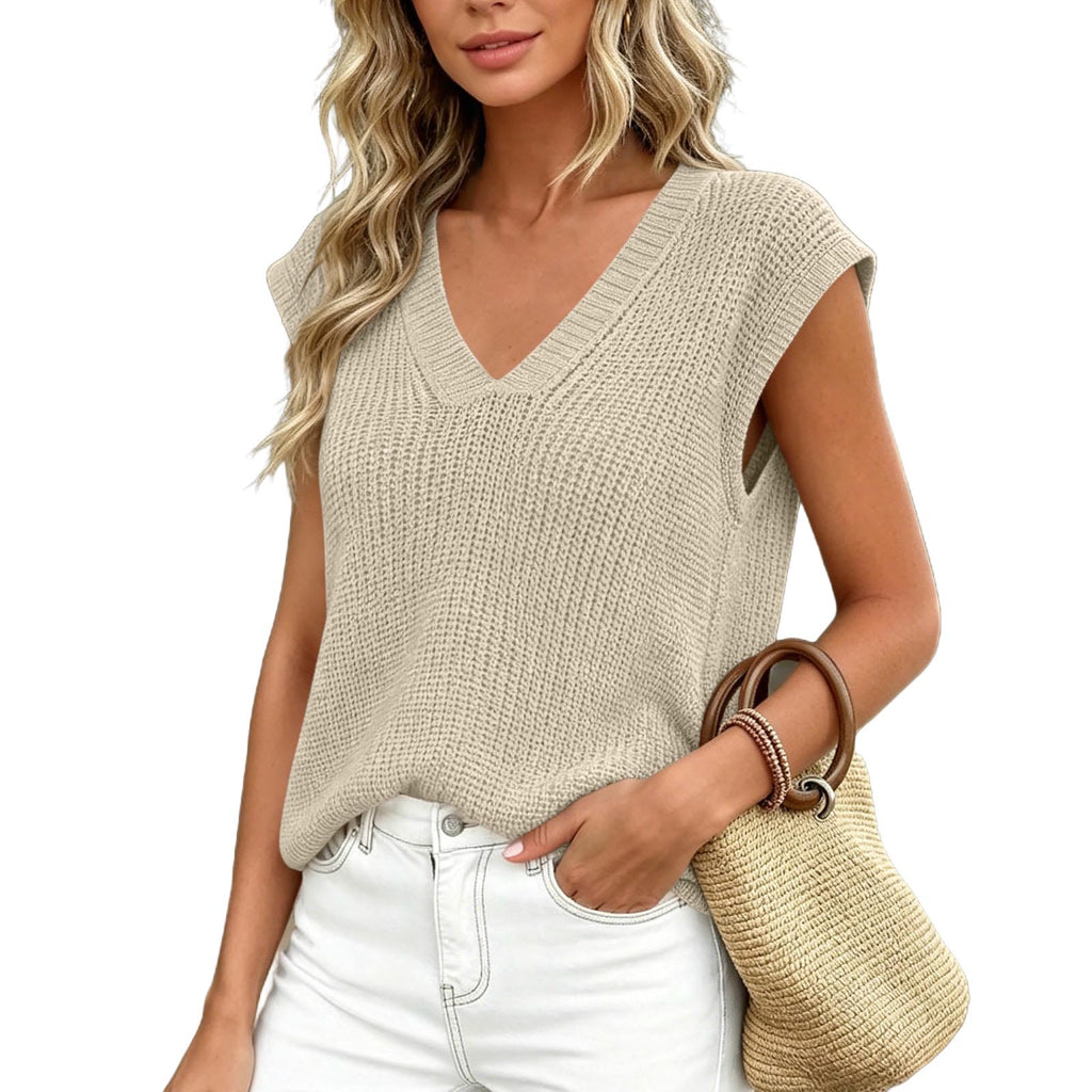 Summer Thin Knit Vest Loose Sleeveless Camisole Top V-neck Sweater Top by Ricaloux