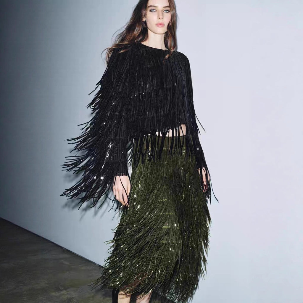 Fashionable Beaded Tassel Party Skirt In Solid Color – Premium 0 | RICALOUX
