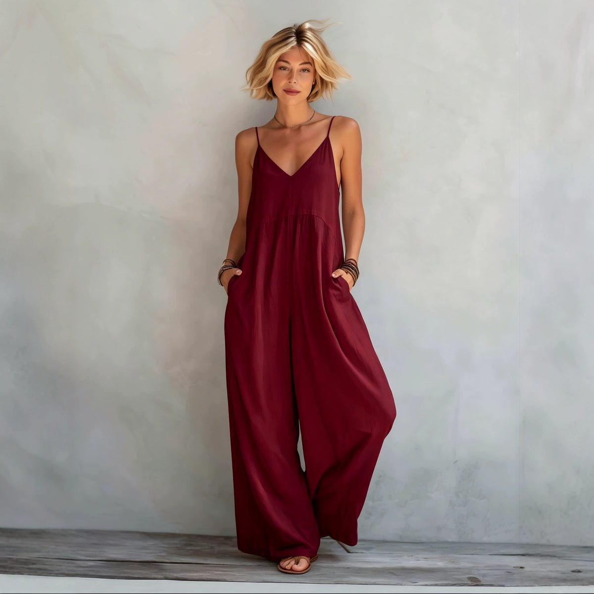 SpringSummer New Womens Solid-Color Cotton-Linen V-Neck Lace-Up Suspender Wide-Leg Jumpsuit by Ricaloux