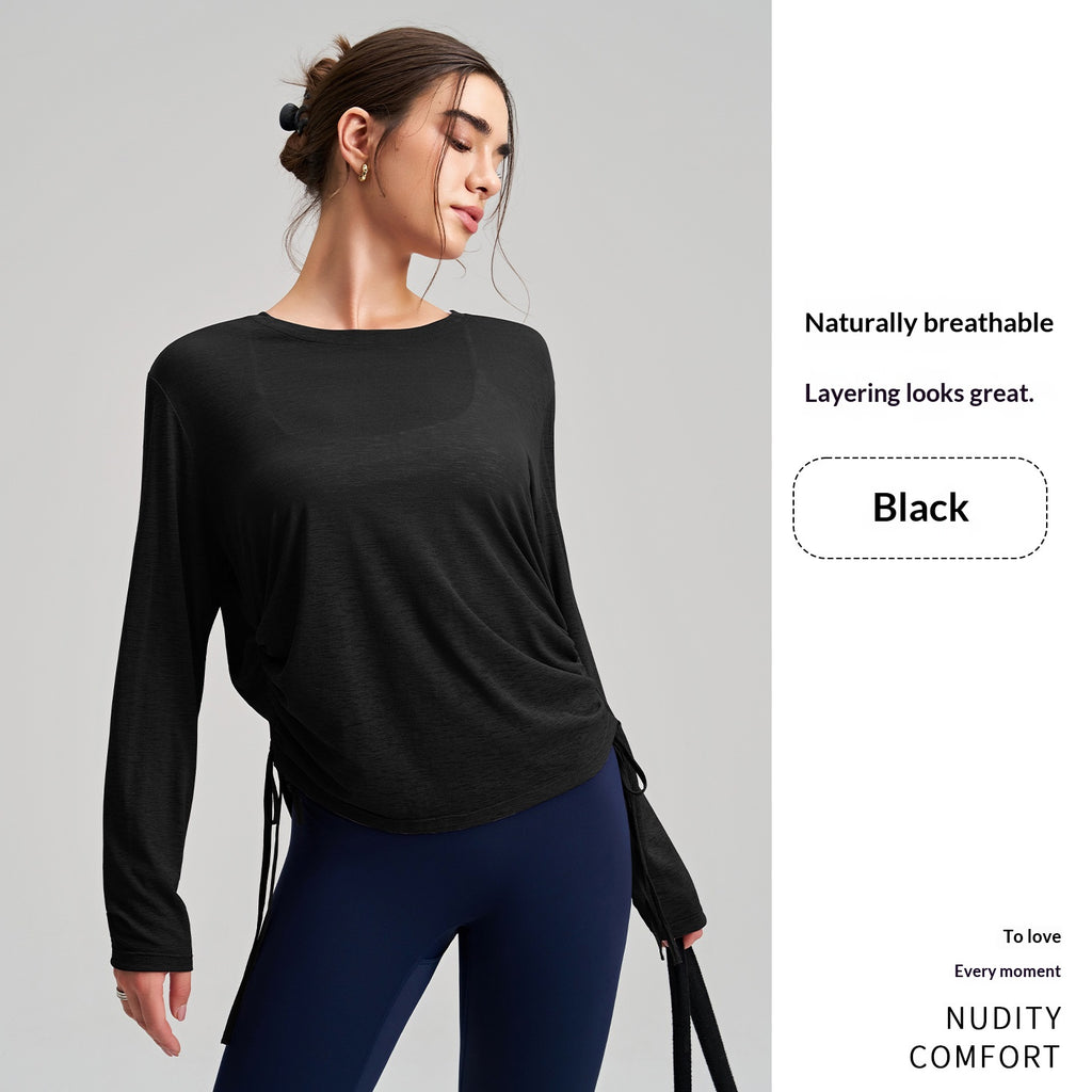 New Outerwear Crew Neck Yoga Cover-up Long-Sleeve Hip-Covering Side Drawstring T-Shirt, Loose Breathable Workout Running Yoga Top – Premium 4 | RICALOUX