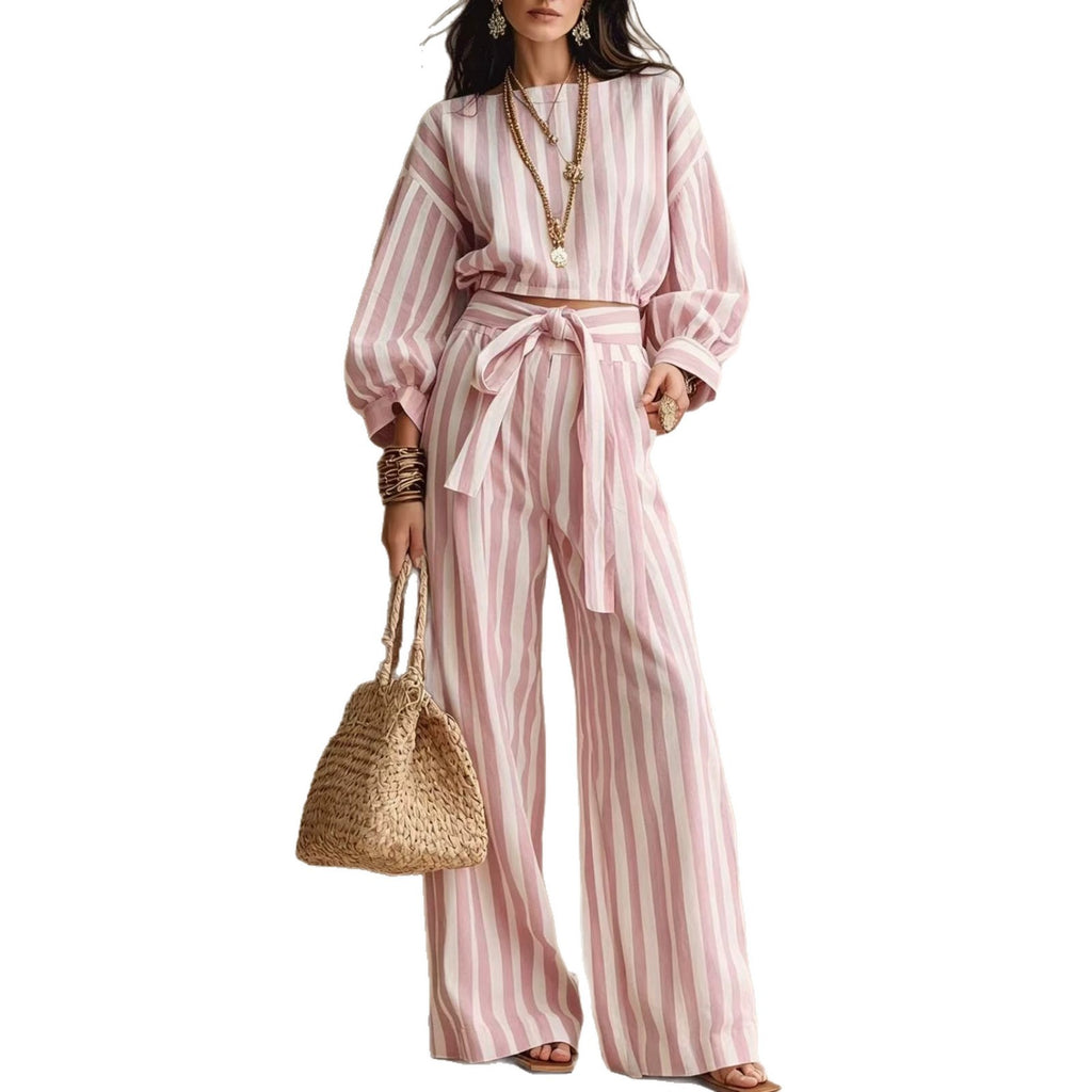 Womens Striped Cropped Top And Casual Lace-up Wide-leg Pants Set – Premium 0 | RICALOUX