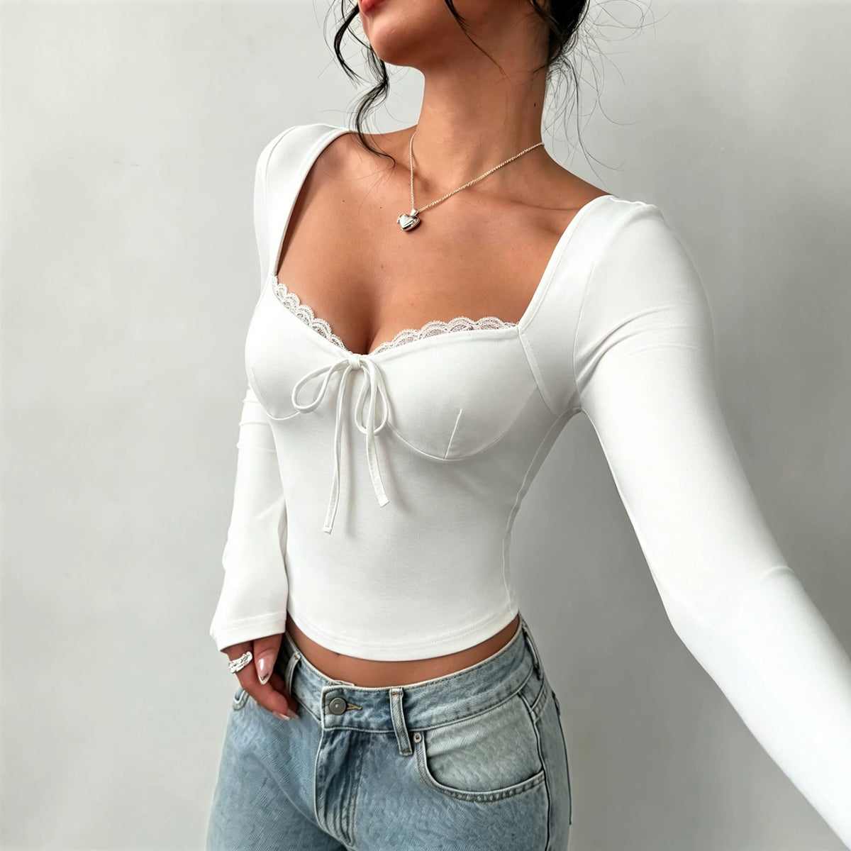 Womens Lace Long-sleeve Tie-front Top – Premium 0 | RICALOUX