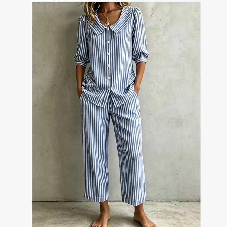 New Design Linen Striped Loose-fitting Shirt Set by Ricaloux