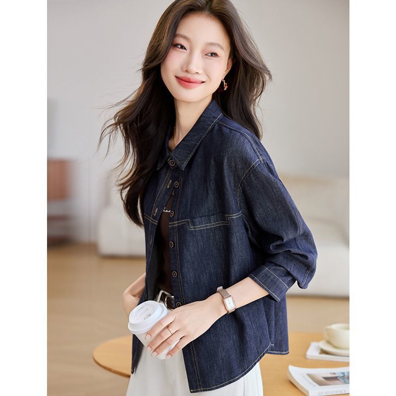 Dark Blue Long-sleeve Denim Shirt Womens Loose Fit – Premium 0 | RICALOUX