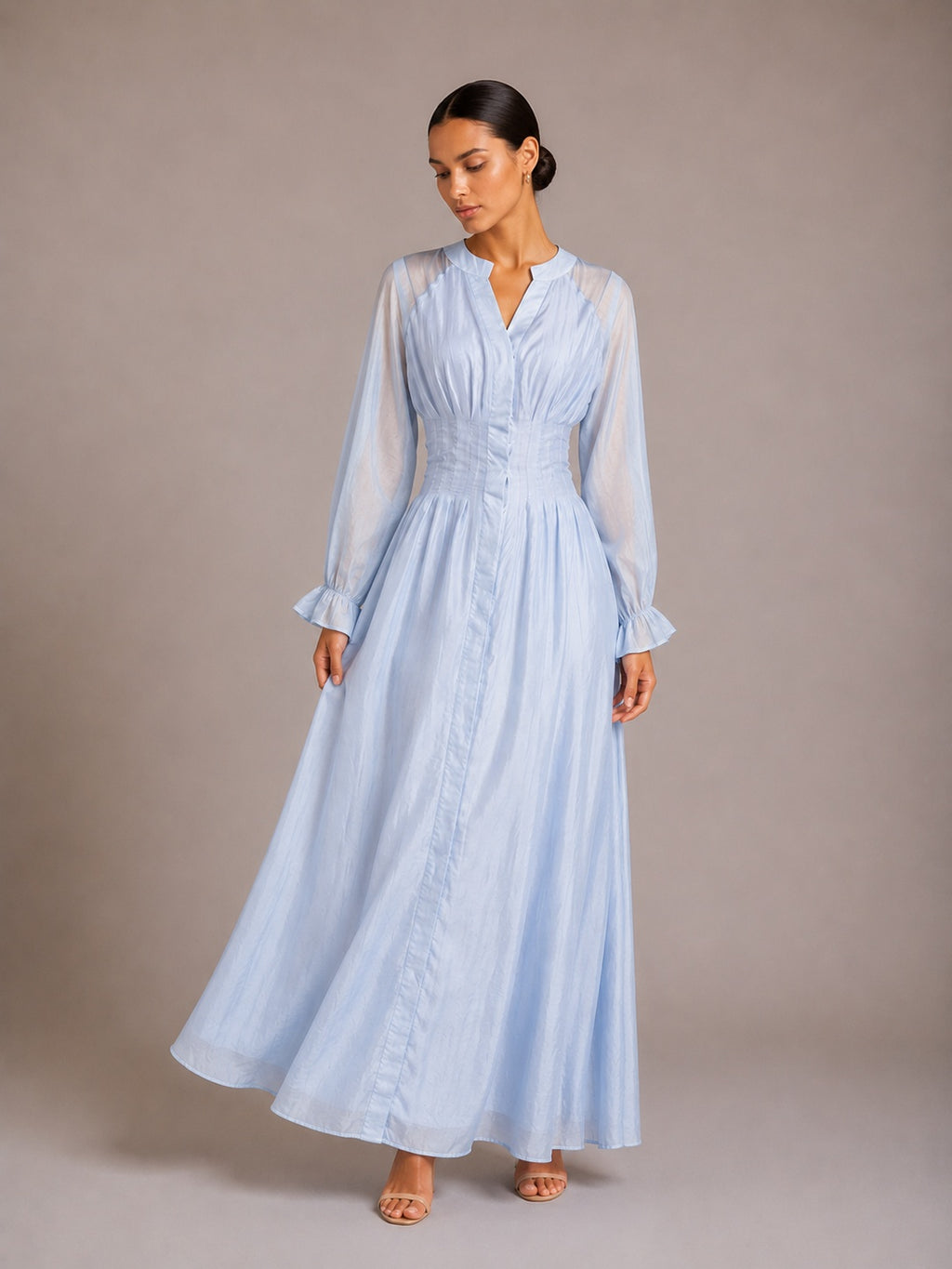 Puff Long Sleeve Gathered Waist Button Front Flowy Dress – Premium 4 | RICALOUX