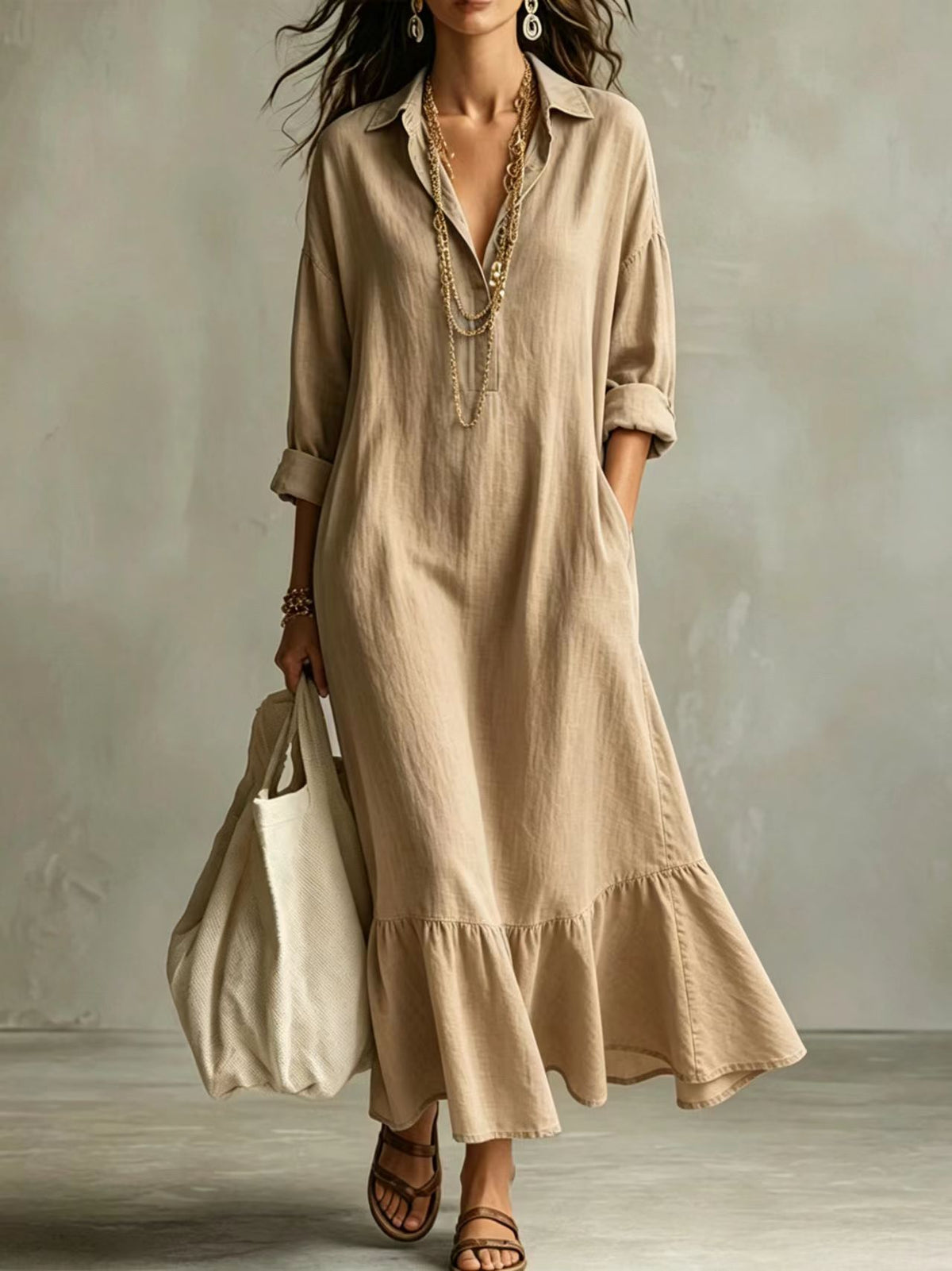 Turn-down Collar Fishtail Casual Loose-fit Figure-flattering Shirt Dress by Ricaloux