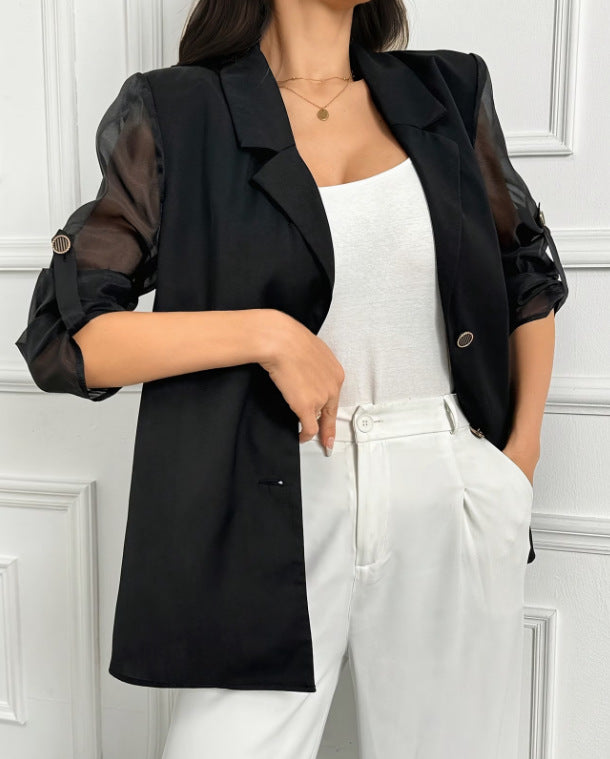 Fashionable Solid-color Suit With Rolled-up Sleeves Mesh Paneling And A Sheer Back by Ricaloux