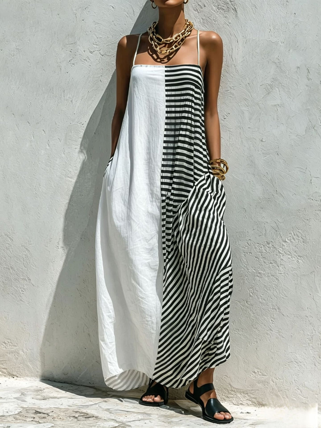 Printed Striped Strap Sleeveless Long Dress by Ricaloux