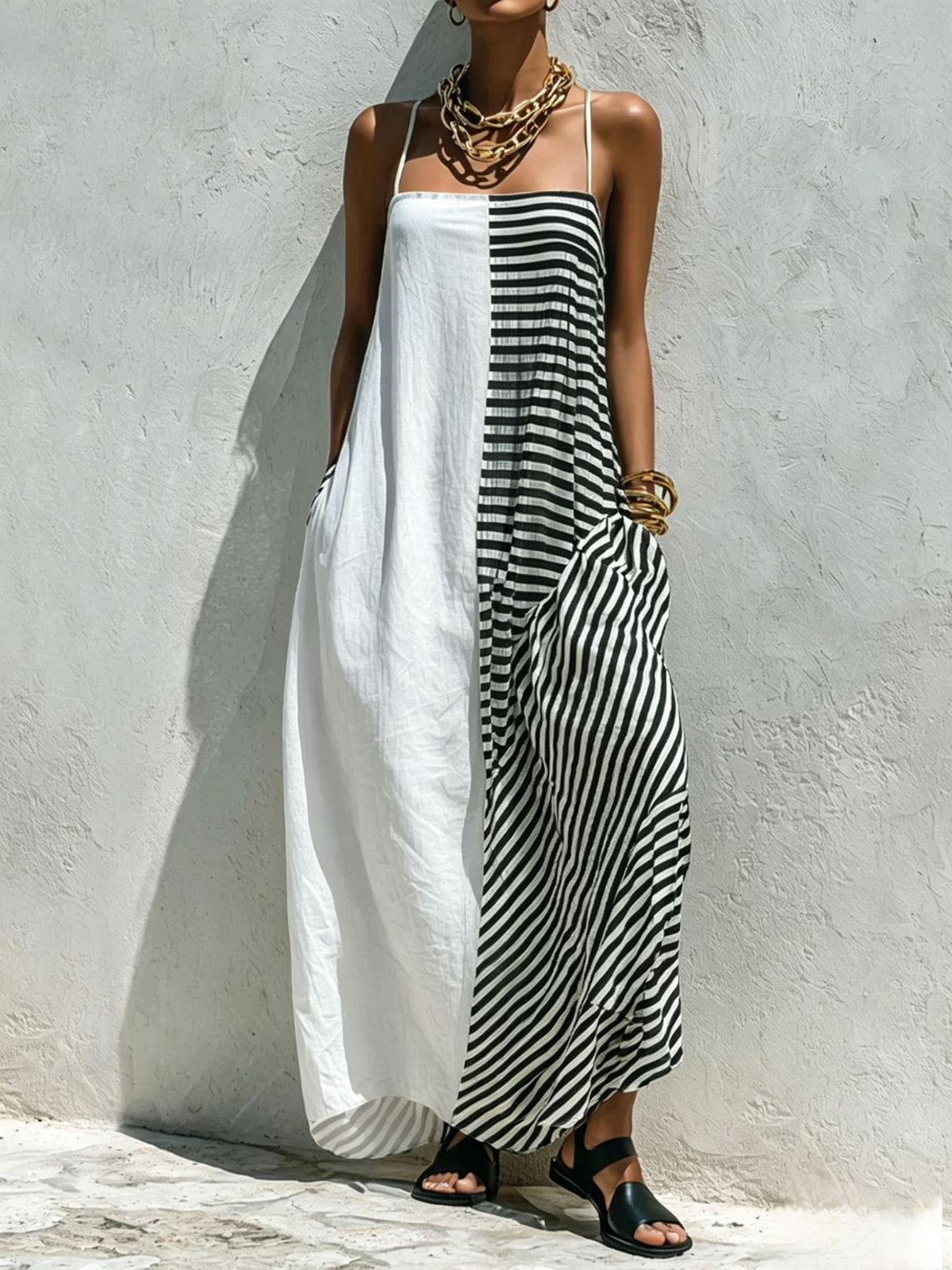 Printed Striped Strap Sleeveless Long Dress by Ricaloux