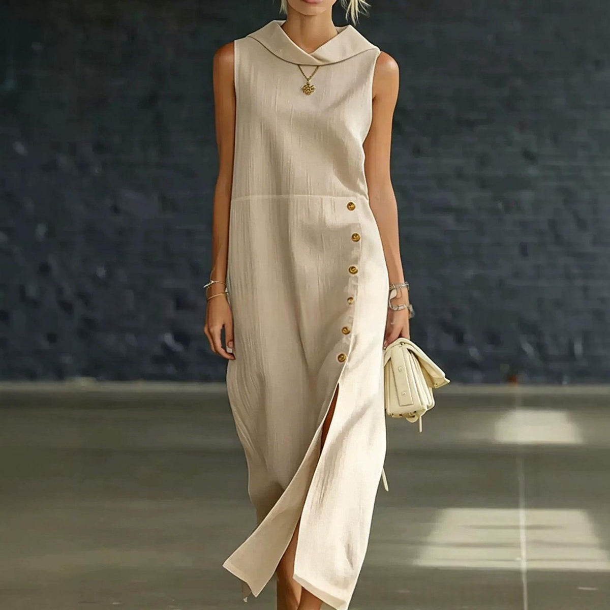 Womens Solid-Color Slit-Neckline Button-Down Long Dress by Ricaloux