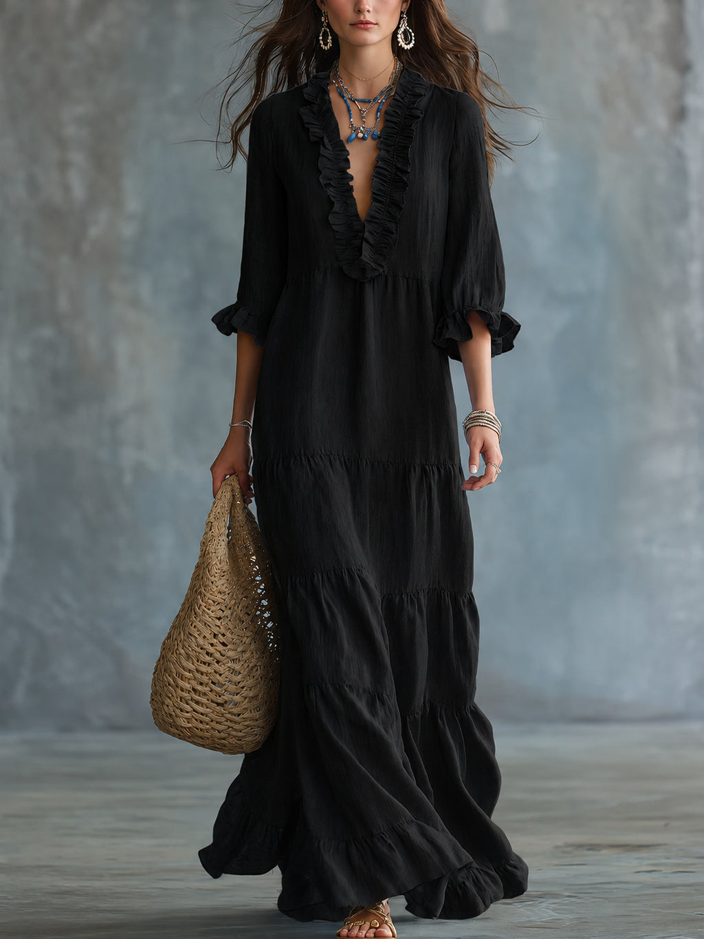 Womens V-neck Layered Casual Flowing Maxi Dress With Ruffled Hem – Premium 0 | RICALOUX