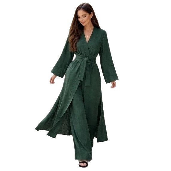 Strap-detailed Robe And Straight-leg Pants Two-piece Set by Ricaloux