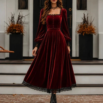 Square-neck Lace-panel Velvet Dress – Premium 0 | RICALOUX
