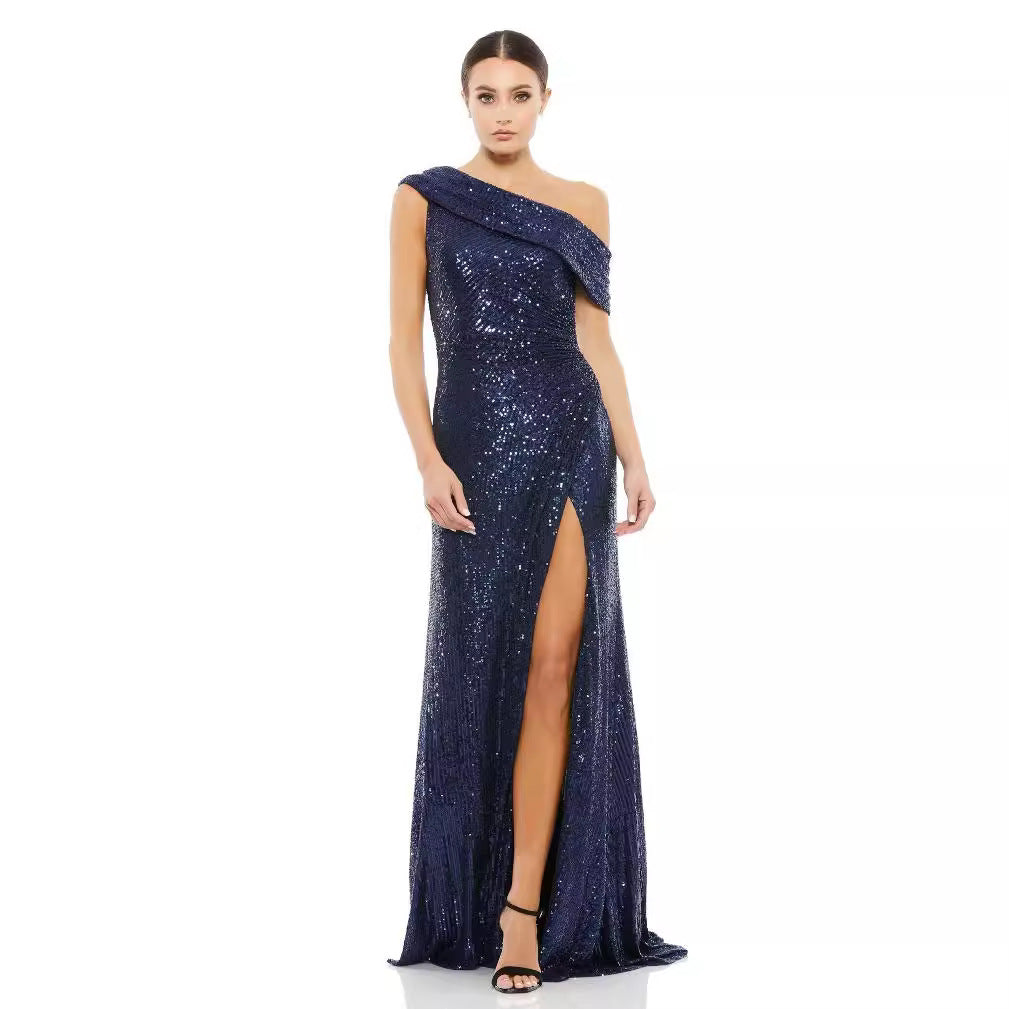 Sequined Evening Gown Chic Off-shoulder Design With A High Slit Celebrity-style Dress by Ricaloux