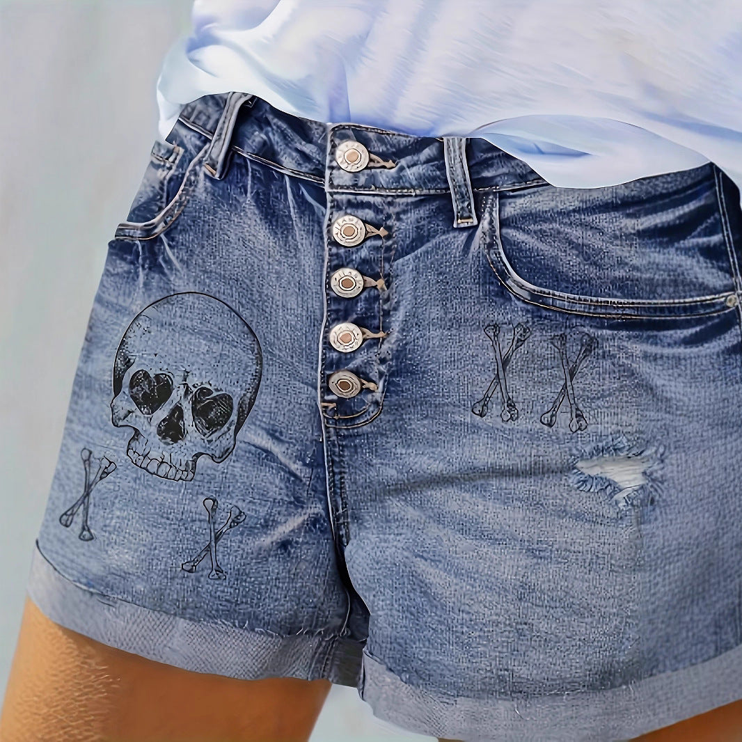 Cross-Border Womens Denim Front-Button Printed Shorts by Ricaloux