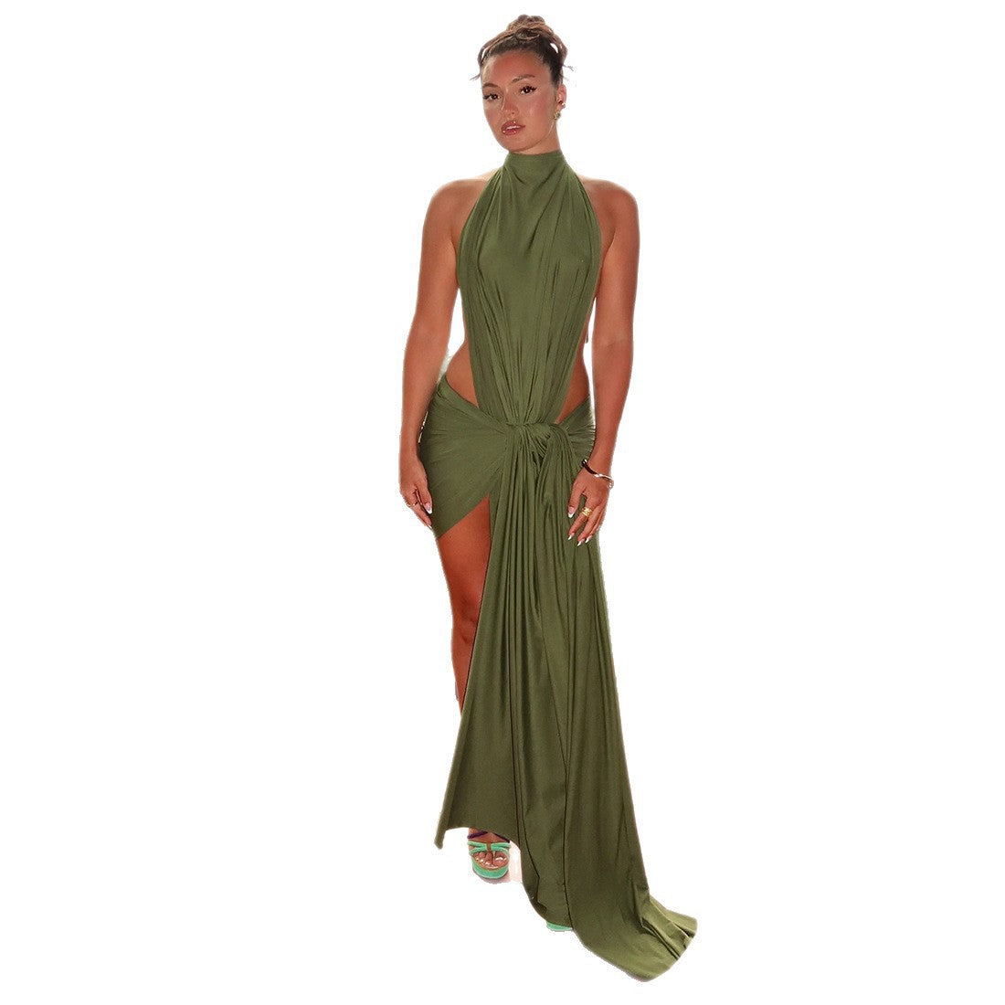 Womens Halter-Neck Lace-Up Elegant Solid-Color Off-Shoulder Bodycon Dress by Ricaloux