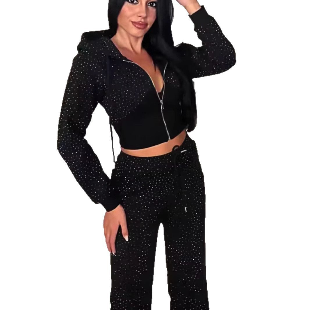 Womens Y2K Rhinestone-studded Hooded Sweatshirt And High-waisted Slim-fit Sweatpants – Premium 0 | RICALOUX