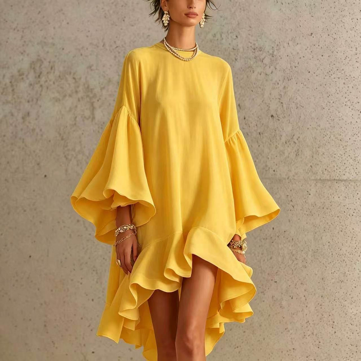Asymmetrical Round-neck Dress With Puff Sleeves And Ruffled Trim by Ricaloux