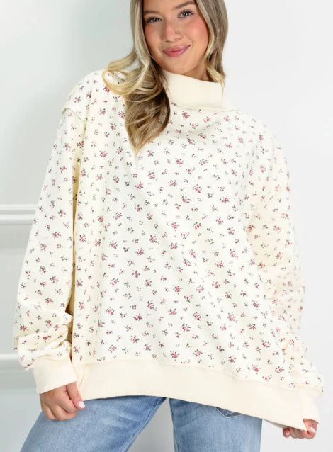 Beige Ribbed High-necked Patchwork Floral Print Loose Pullover Hoodie by Ricaloux