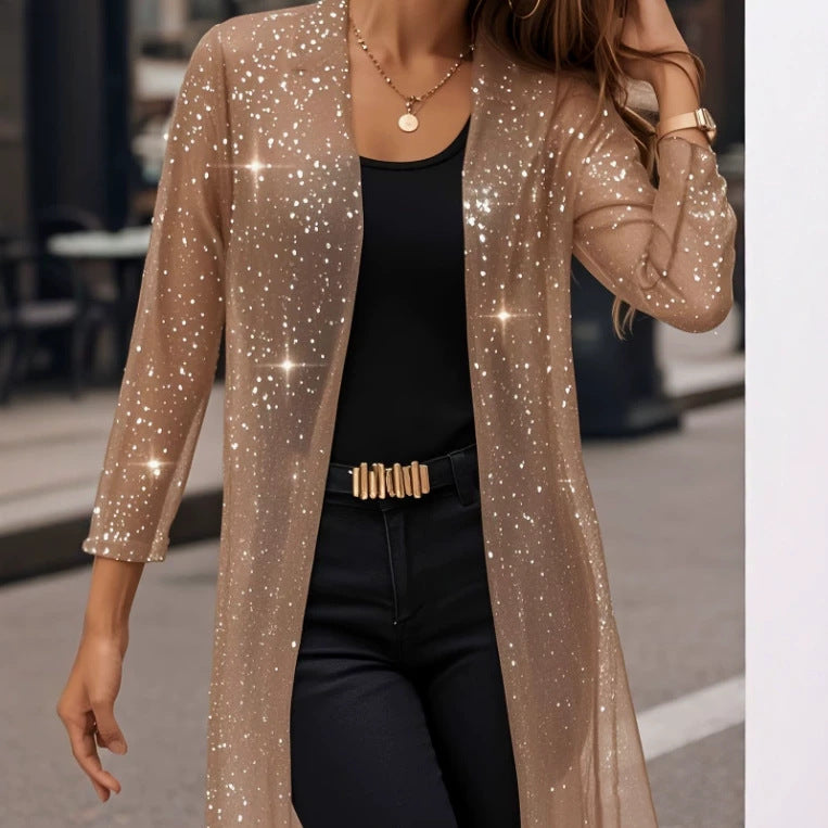 Elegant Semi-sheer Long Cardigan With Shimmering Mesh Detailing For Women by Ricaloux