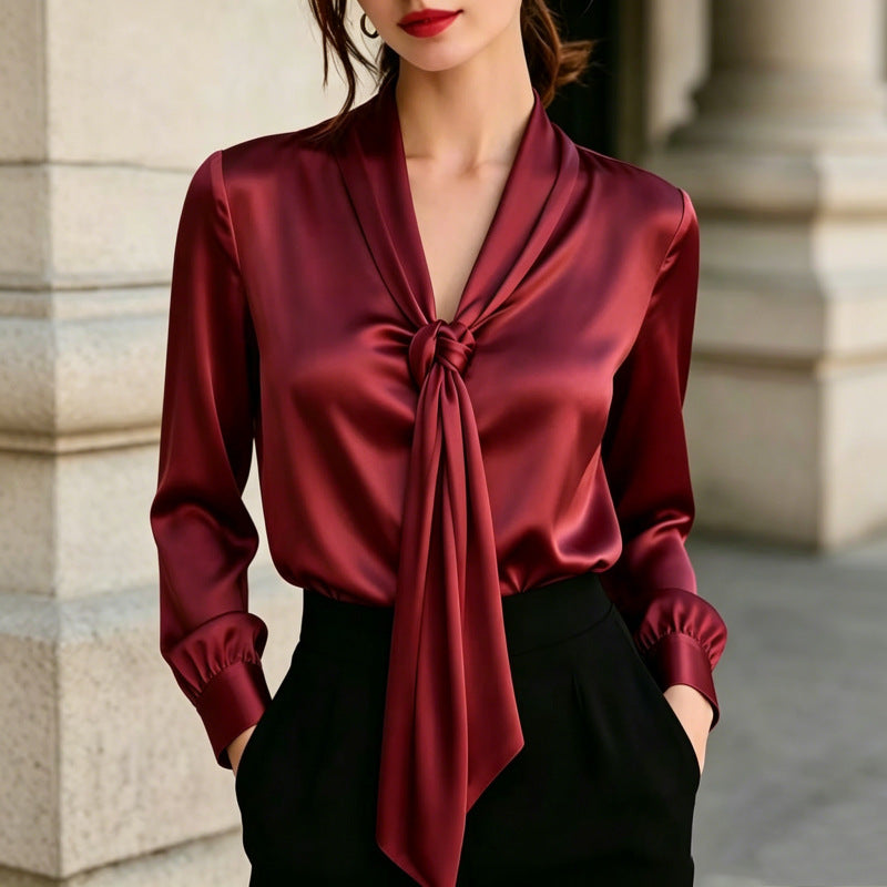 Satin Ribbon V-Neck Knotted Long-Sleeve Shirt For Women – Premium 0 | RICALOUX