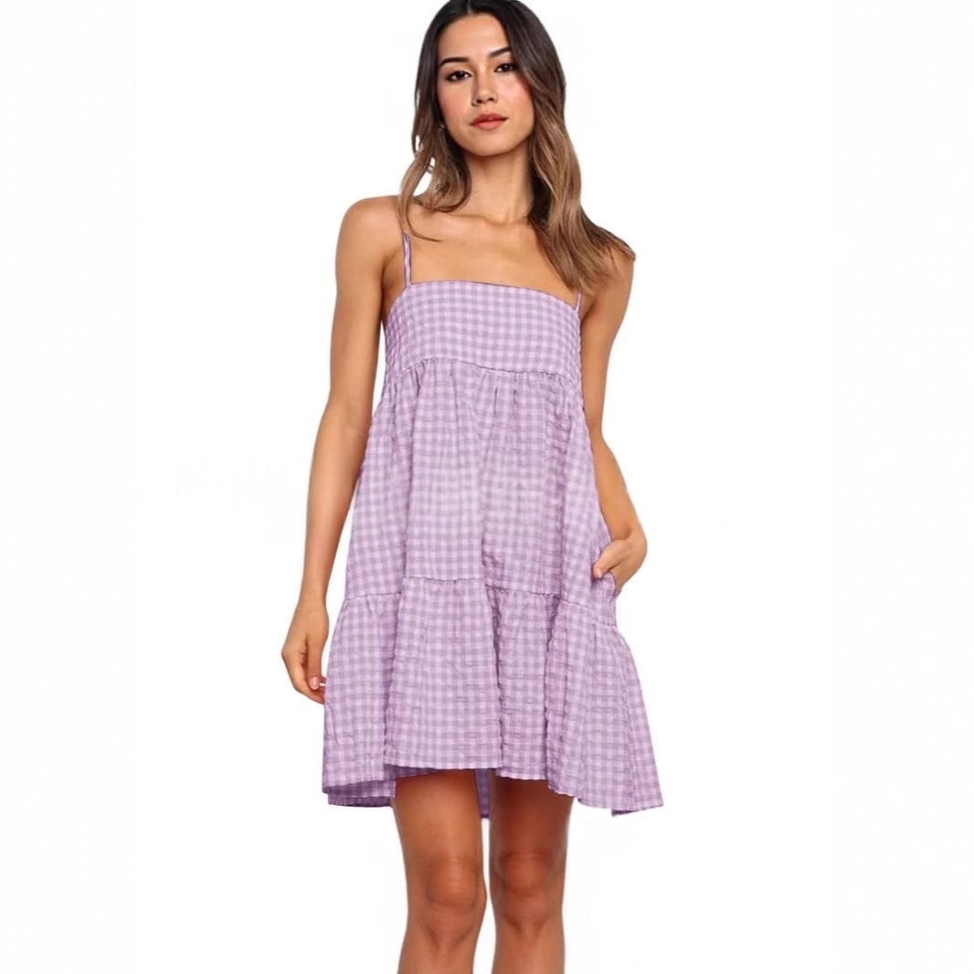 Casual Mini Dress With Shoulder Strap Ruffles And Side Pockets by Ricaloux
