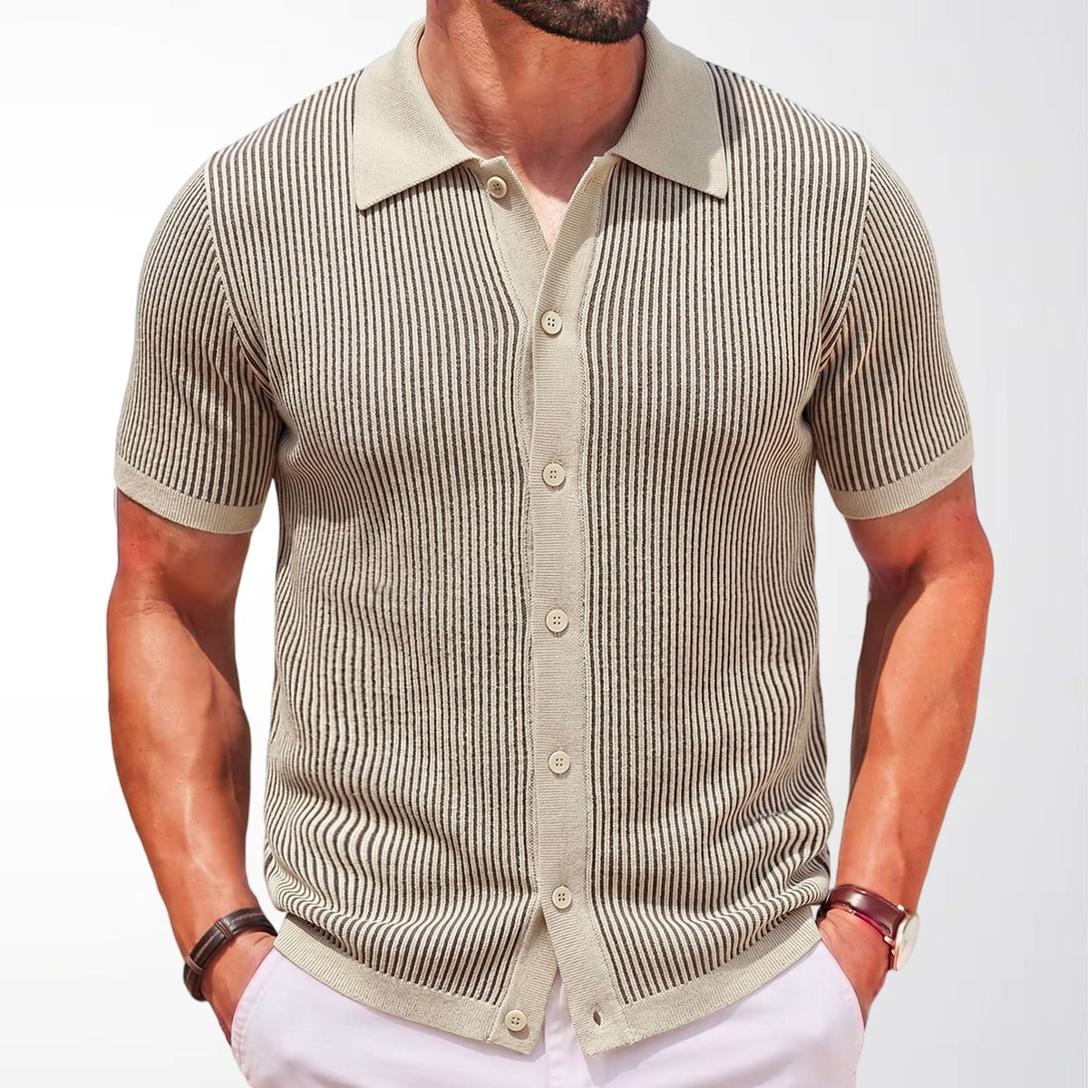 Mens Vertical-Striped Colorblock Lapel Knit Sweater – Premium 0 | RICALOUX