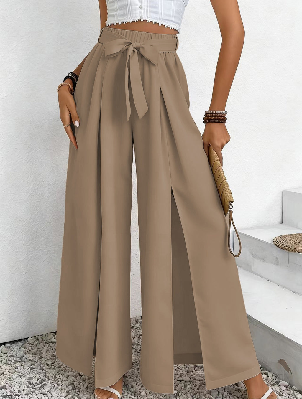 Summer New Solid-Color Casual Lace-Up Loose Womens High-Waisted Wide-Leg Long Pants by Ricaloux