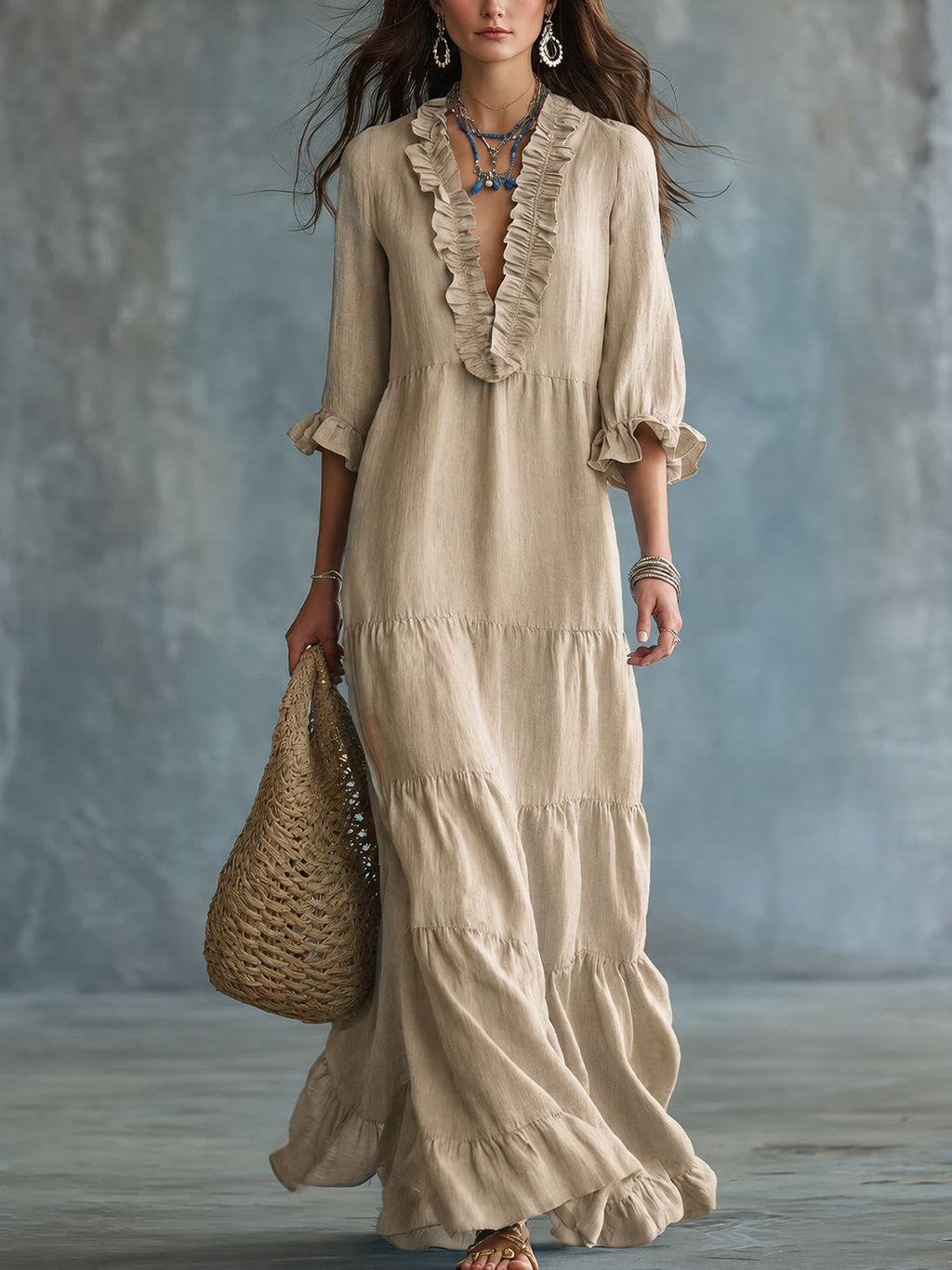 Womens V-neck Layered Casual Flowing Maxi Dress With Ruffled Hem – Premium 0 | RICALOUX