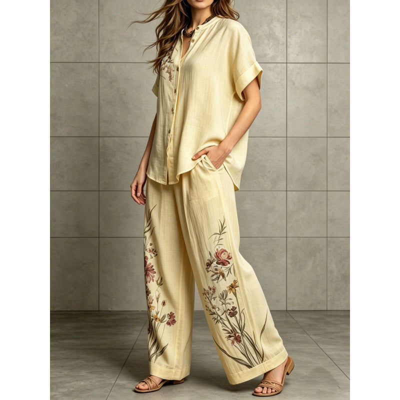 Short-sleeve Top And Wide-leg Pants Casual Two-piece Set by Ricaloux