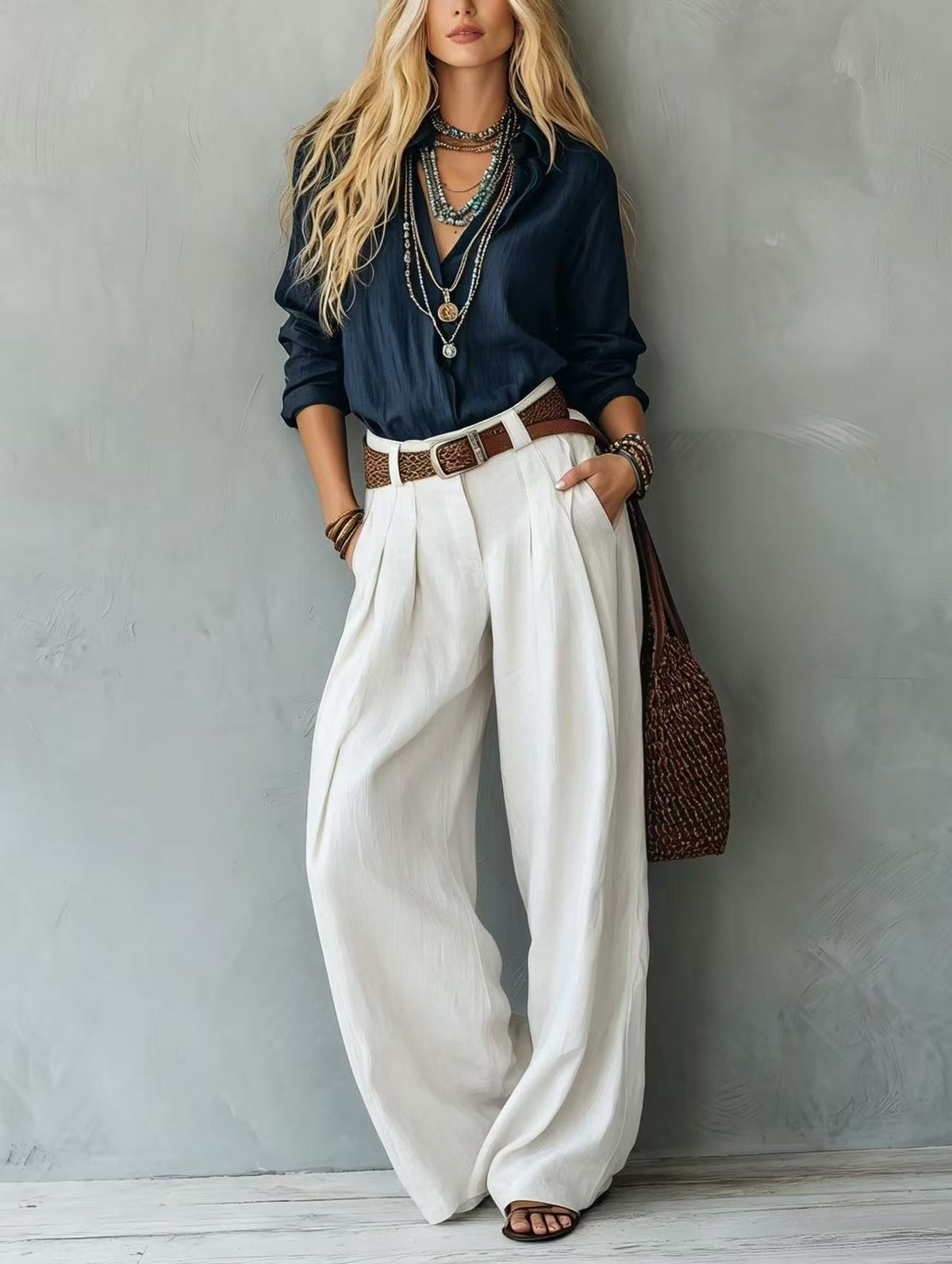 Womens Straight-Leg High-Waist Wide-Leg Pants And Blouse Set by Ricaloux