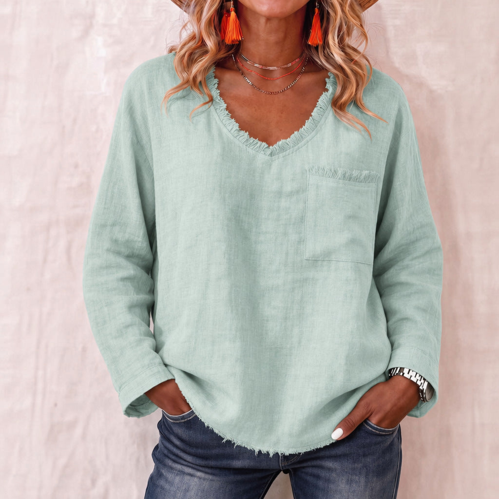 Loose-fit V-neck Long-sleeve Solid-color Casual Top For Women by Ricaloux
