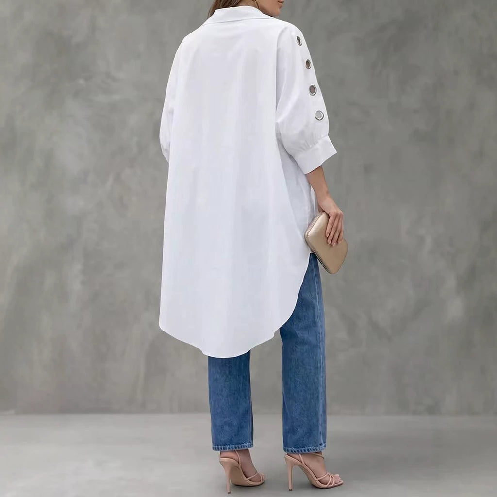Womens Loose-fit Solid-color Long-sleeve Shirt by Ricaloux