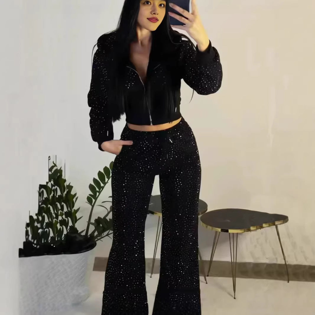 Womens Y2K Rhinestone-studded Hooded Sweatshirt And High-waisted Slim-fit Sweatpants – Premium 0 | RICALOUX